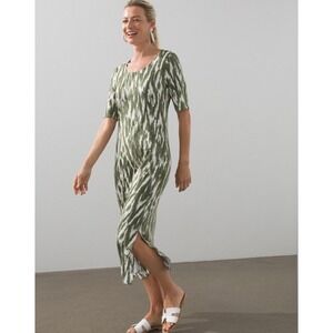 Chicos 1 Green White Abstract Print Maxi‎ Dress Short Sleeve Casual Chic Size 8